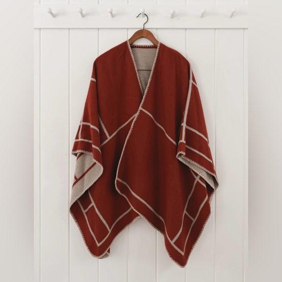 Reversible Blanket Shawl Cape Burnt Red Orange Beige Tan Linear Geometric Warm - Picture 5 of 10